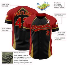 Custom Black Red-Old Gold 3D Pattern Design Curve Solid Authentic Baseball Jersey 3d Pattern Design, Baseball Jersey Men, Logo Wear, Orange Texas, 3d Pattern, Sleeveless Crop Top, Number 3, Baseball Jersey, Button Design