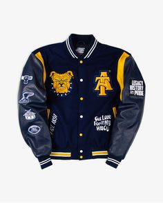 NC A&T Motto 3.0 Varsity Jacket Aggie Pride, Homecoming Outfit, Shorts Sweatpants, School Pride, Collage Design, Gameday Outfit, School Mascot, Leather Sleeve, Blue Wool