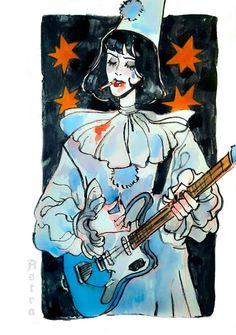 a drawing of a woman with a guitar in her hand and stars on the background