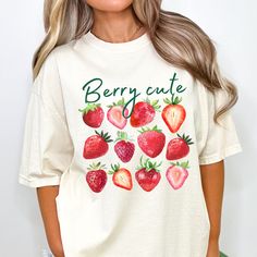 Trendy Crewneck cottagecore shirt Graphic Tees For Women fruit tshirt comfort colors gift for foodie Trending Fruit Shirt Please message us if you want your t-shirt in one of the additional colors or a sweatshirt.  Comfort Colors garment-dyed t-shirt made 100% with ring-spun cotton. The soft-washed, garment-dyed fabric brings extra coziness to your wardrobe while the relaxed fit makes it an excellent daily choice.  T-SHIRT CARE INSTRUCTIONS: Machine wash cold Wash inside-out, with similar colors Tumble dry low. Hang-dry for longer life Cool iron inside-out. Do not use bleach Do not iron directly on the print Do not dry-clean Thank you for supporting our small business! Please visit our shop https://www.etsy.com/shop/CoutureButterflies for more colors and designs. Y2k Style Short Sleeve T-shirt With Fruit Print, Y2k Strawberry Print Short Sleeve Tops, Y2k Short Sleeve Tops With Strawberry Print, Cute Strawberry Print Crew Neck T-shirt, Cute Crew Neck T-shirt With Strawberry Print, Cute White Tops With Fruit Design, Sweet Summer Tops With Fruit Print, Cute White Fruit Design Tops, Sweet Fruit Print Summer Tops