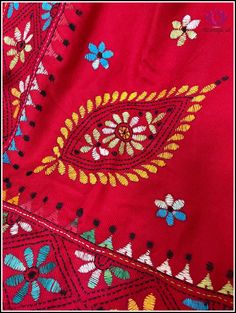 A pretty woolen shawl in bright red with hand embroidered Kantha work. The border of the shawl has hand embroidered beautiful floral motifs with colorful threads. The center of the shawl has big embroidered floral motifs A perfect and a vibrant way to accessorize your winter dresses and salwars. Length - 72" Width - 37 Kantha Of Bengal Embroidery Motifs, Thread Knots, Woolen Shawl, Dupatta Embroidery, Colorful Threads, Phulkari Embroidery, Designer Bed, Kantha Embroidery, Kurti Neck