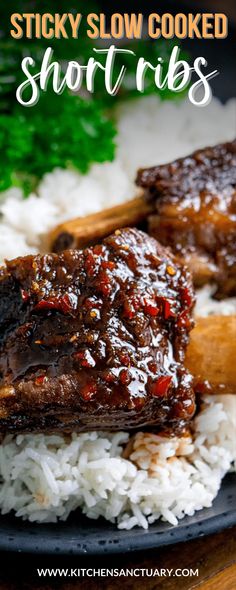 sticky slow cooked short ribs on top of white rice