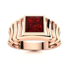 A signature signet ring with a twist, Seth displays a gorgeous, 0.85 carat princess cut Garnet in 14k Rose Gold and a thick men’s band that can be engraved through Diamondere. Our Natural Garnet is a shiny red gem teeming with fire and brilliance. Men's Ring, Signet Ring