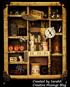 a wooden shelf filled with lots of assorted items on top of a black background