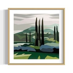 an abstract landscape with trees in the foreground and mountains in the background, framed in wooden frame