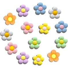 many different colored flowers are arranged in the shape of an oopy flower on a white background