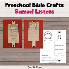 two children's paper puppets with the words preschool bible crafts samuel listens on them