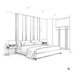 a drawing of a bedroom with a bed and nightstands