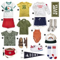 an assortment of clothing and accessories for summer camp