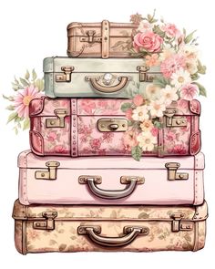 three suitcases stacked on top of each other with flowers in the middle and one is pink