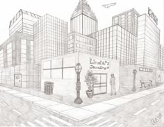 a drawing of a city street with tall buildings