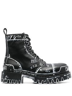 black calf leather all-over graphic print front lace-up fastening round toe pull-tab at the heel rubber lug sole Painted Combat Boots, Combat Boots Black, Black Leather Combat Boots, Leather Combat Boots, Balenciaga Black, Brown Leather Boots, Lug Sole, Printed Leather, Black Ankle Boots