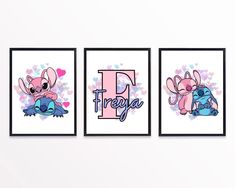 three framed pictures with the letter d and two cartoon animals in pink, blue, and purple