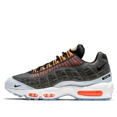 The Nike Air Max 95 'Total Orange' is a sneaker that is sure to turn heads. Designed by world-renowned menswear designer Kim Jones, this sneaker features layered grey side panels in an inverted gradient finish. A black mini-Swoosh is joined by a series of perforations inspired by the Air Max 360. A translucent Nexkin overlay partially covers the sneaker's webbing eyelets, rendered in a bold orange finish and misaligned for enhanced visual impact. The same eye-catching hue is repeated on the sneaker's visible Max Air units. Kim Jones branding adorns the lateral heel. (SNKR/Unisex) Nike Urban Sneakers With Vented Sides, Nike Gray Urban Sneakers, Modern Gray Sneakers With Vented Sides, Functional Gray Sneakers With Vented Sides, Air Max 360, Kim Jones, 95 Nike, Nike Air Max 95, Air Max 95