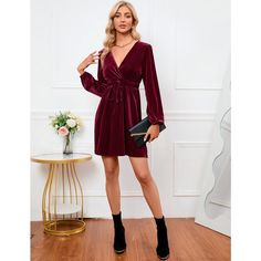 Women's Velvet Dress Wrap V Neck Pleated Waist Long Sleeve Casual Party Skater Dresses Wine Red M