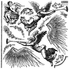 an old fashioned drawing of angels and birds