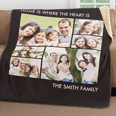 a family photo blanket on a couch with the words home is where the heart is