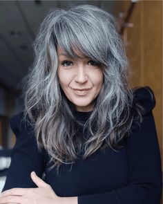 Blend Grey Hair, Grey Blending, Natural Dark Hair, Grey Hair With Bangs, Grey Highlights, Stunning Hairstyles, Tousled Waves