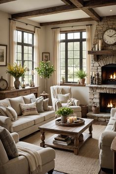 a living room filled with furniture and a fire place in front of a stone fireplace