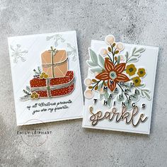 two cards with flowers and gifts on them