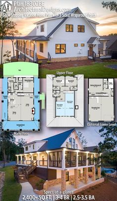 two story house plans with open floor plan and attached porches are shown in three different views