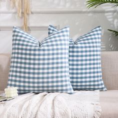 two blue and white gingham pillows sitting on a couch next to a potted plant