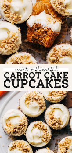 carrot cake cupcakes with cream cheese frosting and crumbs on top