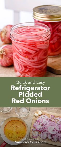 jars filled with pickled red onions sitting on top of a cutting board next to sliced onions