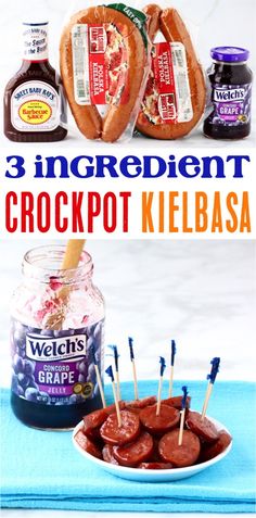 an advertisement for crockpot kielbasa with hot dogs on skewers