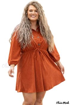 Olivia Mark - Plus Size Orange Corduroy High Waisted Dress High Waisted Dress, Loungewear Dresses, Sleepwear Dress, High Waist Dress, Corduroy Dress, Curvy Dress, Dresses By Length, Orange Fashion, Dress Plus Size