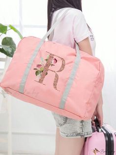 Bird in Bag - Premium Foldable Travel Bags with Personalized Initials Letter Pattern, Spacious Waterproof Duffle Bag for Airplane Trips, Shoulder Bag Organizer for Towels, Clothing, and Holiday Essentials, Ideal for Students, Weekend Getaways, Yoga, Fitness or Cruises Functional Pink Bag As Gift, Cute Travel Shoulder Bag With Letter Print, Pink Casual Travel Bag For Sports, Functional Pink Bag For Gift, Functional Bags With Luggage Sleeve As Gift, Pink Packable Travel Bag, Pink Foldable Rectangular Bag, Pink Shoulder Weekender Bag With Adjustable Strap, Pink Packable Pouch Bag