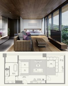 this is an image of a living room and bedroom in a modern house with wood flooring