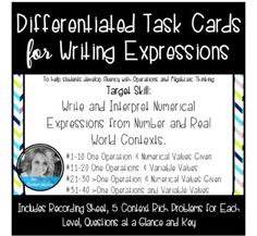 a poster with the words differentiated task cards for writing expressions, and an image of a woman