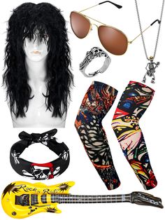 an assortment of accessories including a guitar, headbands and sunglasses