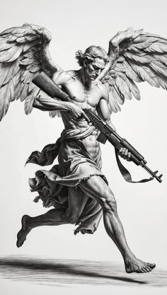 Detailed black and white pencil sketch of a majestic Bible angel with outstretched wings, gripping a Kalashnikov rifle. The angel wears a flowing white robe, showcasing intricate folds. The sketch captures dynamic movement and intensity against a smooth white background, highlighting the angel's rugged beauty and serious expression.