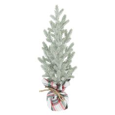 a small white christmas tree wrapped in plaid ribbon and tied with twine, on a white background