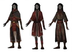 three different types of costumes for people with long hair and dark skin, one wearing a red