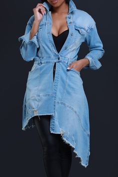 80% Cotton. 17% Polyester, 3% Spandex | Model Wearing A Size S/M | Runs True To Size This jacket is the moment girl. featuring a one-of-a-kind asymmetrical distressed hemline, long sleeves, a button-up front with chest pockets, and belt loops at the waist with light fading throughout the denim. Denim Trench Coat, Blue Coats, Here And Now, Denim Coat, Summer Clothes, Personal Marketing, Trench Coats, Shapewear, Outerwear Jackets