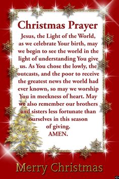 a christmas prayer with snowflakes and stars on the bottom, in red background