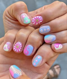 Different Design French Tip Nails, Dip Nails With Line Design, Fun Nails Designs 2023, Multiple Nail Designs, Fun Acrylic Nails Designs Short, Happy Nail Designs, Betty Cora Nails, Different Nail Art On Each Finger, Vibrant Summer Nail Designs