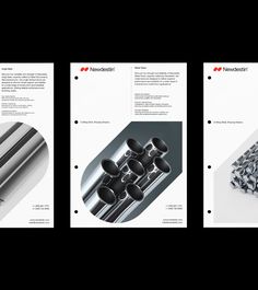 three brochures with different types of metal items on them, one in black and the other in white