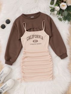 Khaki Casual Collar   Letter  Embellished Medium Stretch  Teen Girls Clothing Bodycon Outfits, Crop Pullover, Quick Outfits