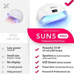 THIS TRUSTY LED LIGHT GETS THE JOB DONE WITHOUT BREAKING THE BANK. LIGHTWEIGHT AND FAST ACTING FOR QUICK APPLICATION SMART NAIL LAMP. SUN 5 PRO UV LED Curing Lamp can be used for drying most types of nail gel polish and extensions including hard gels, UV/LED gels, CND Shellac, OPI, sculpture, guilders and builders DIGITAL TIME DISPLAY. The built-in LCD screen displays nail-drying time and is equipped with a time memory function that you can set in 10, 30, 60 or 99 seconds low heat mode. SMART SE Nail Led Lamp, Smart Nail, Gel Nail Light, Smart Nails, Uv Nail Lamp, Nail Gel Polish, Led Nail Lamp, Nail Dryer, Uv Nails