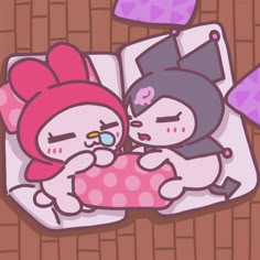 a couple of cartoon characters laying next to each other on top of a bed together