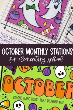 the october and october calendar is shown with text that reads, october month stations for elementary school