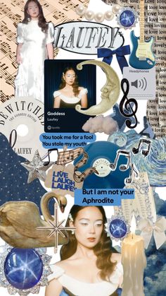 a collage with many different items and words on it, including an image of a woman