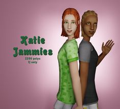 two animated women standing next to each other with the words kate jammies on it