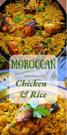 moroccan chicken and rice in a skillet with the title overlay reads moroccan chicken and rice