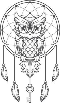 an owl is sitting on top of a dream catcher with feathers and eyes drawn in black ink