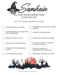 Setting up a Samhain altar? Our free printable checklist has everything you need, from candles and crystals to herbs and ancestor photos. Prepare your altar and invite the spirits to join your Samhain celebration. Download it now and create a space for magical workings and ancestral veneration. Samhain Invitations, Traditional Samhain Decorations, Samhain Traditions Witches, Samhain Celebration Ideas, Samhain Candle Magic, How To Celebrate Samhain, Alter Set Up Witchcraft, Samhain Altar Ideas, Samhain Crystals